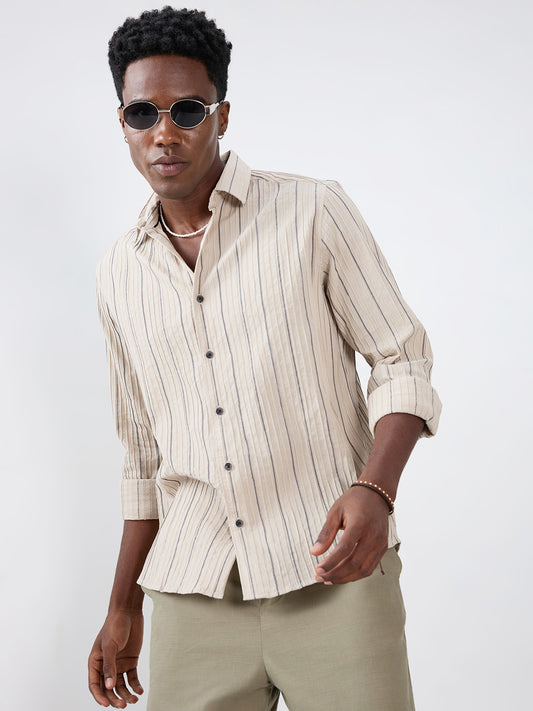 Intricate Beige & Navy Raised Striped Shirt