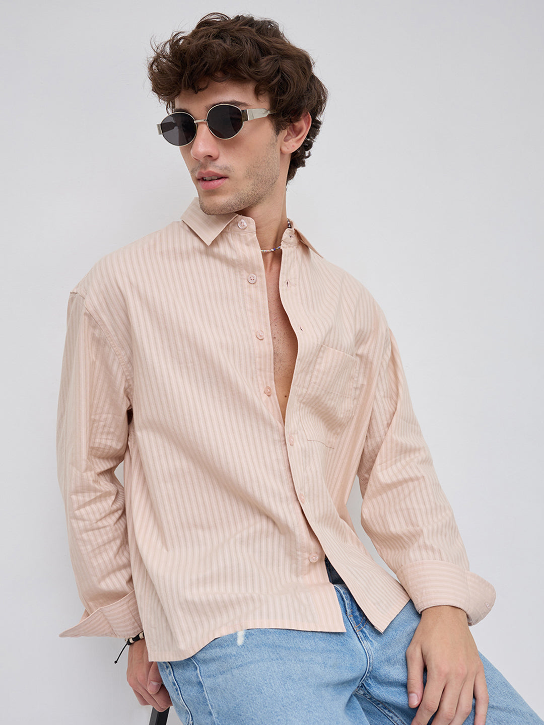 Plush Powder Pink Subtle Striped Boxy Fit Crop Shirt