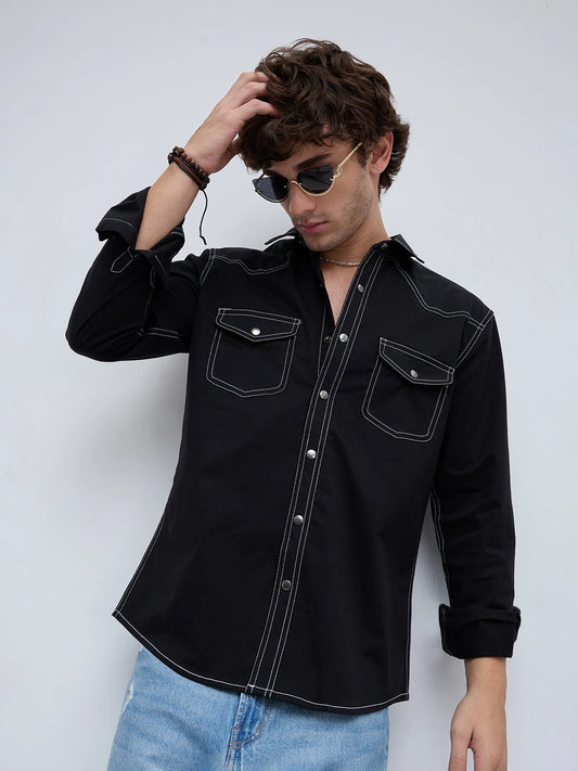 Black Contrast Stitch Twin Pocket Shirt