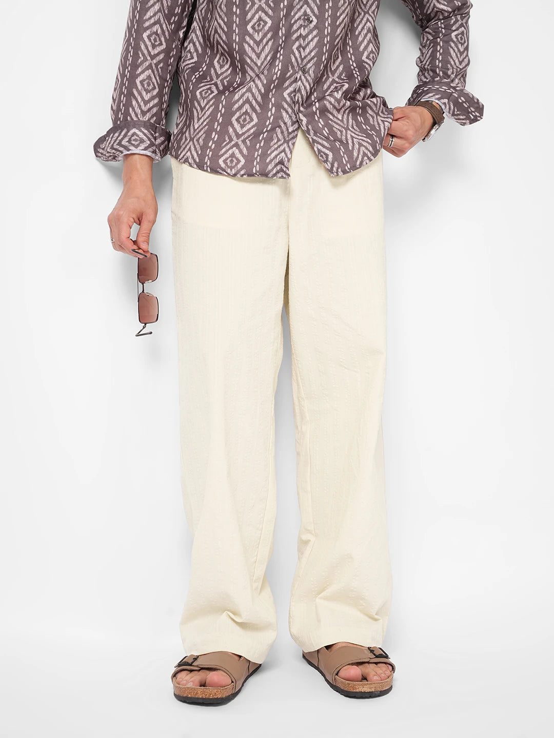 Natural Beige Seersucker Straight Fit Trousers