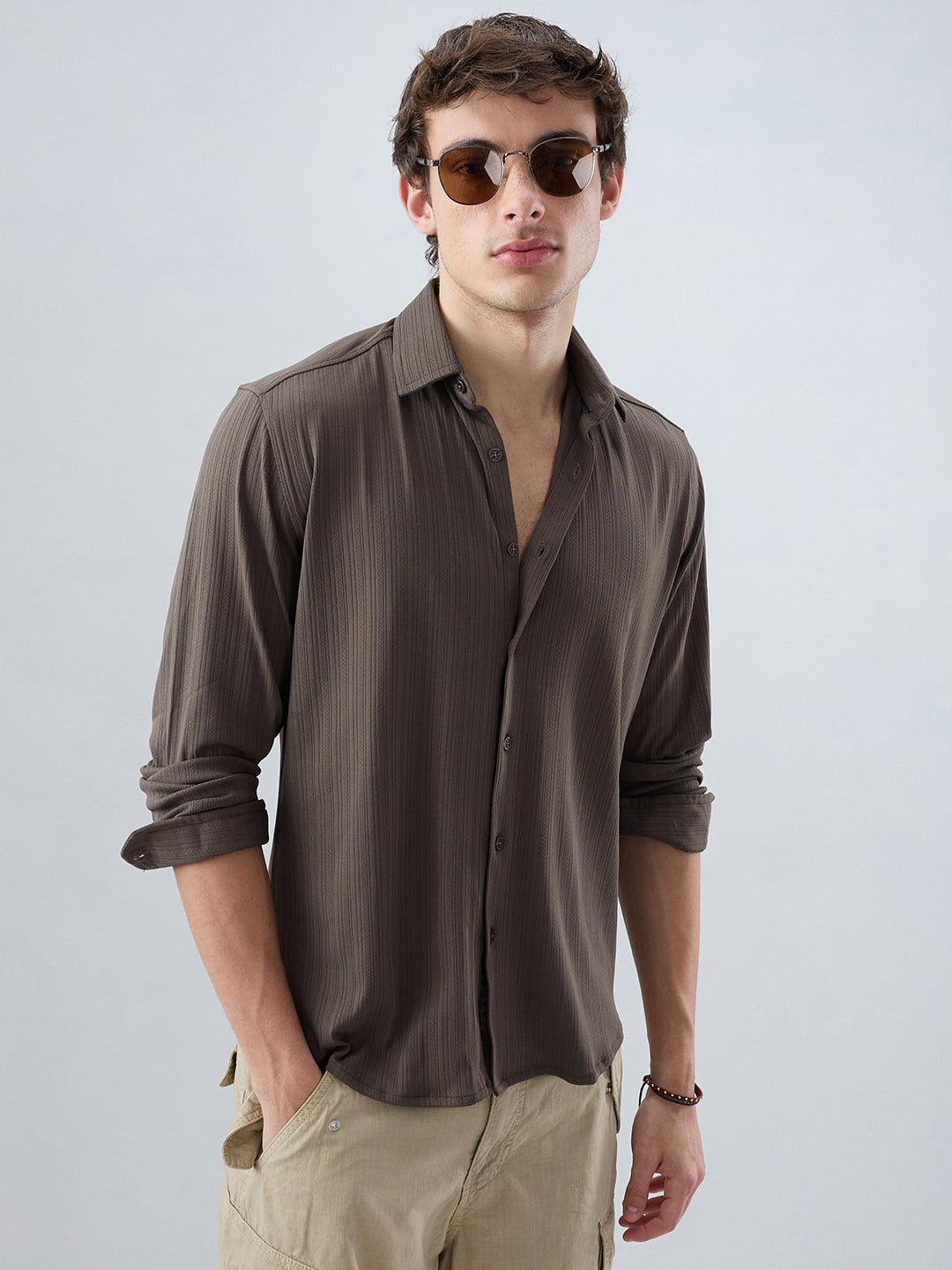 Carbon Grey Fine Vertical Ribbed Knitted Shirt