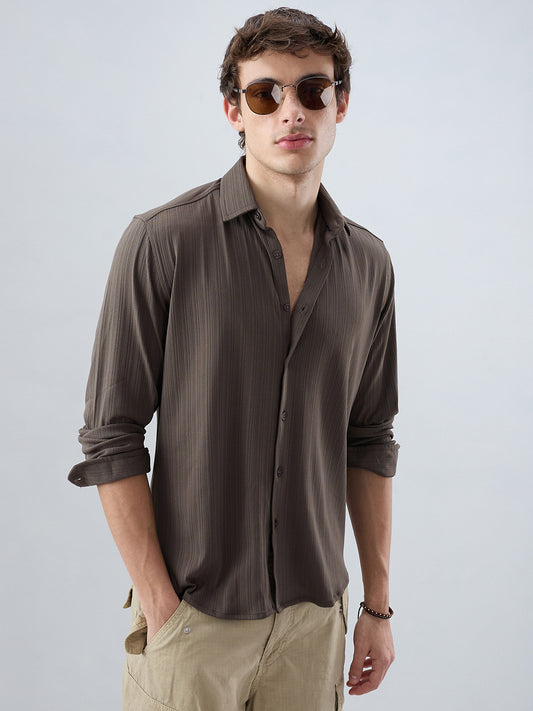 Carbon Grey Fine Vertical Ribbed Knitted Shirt