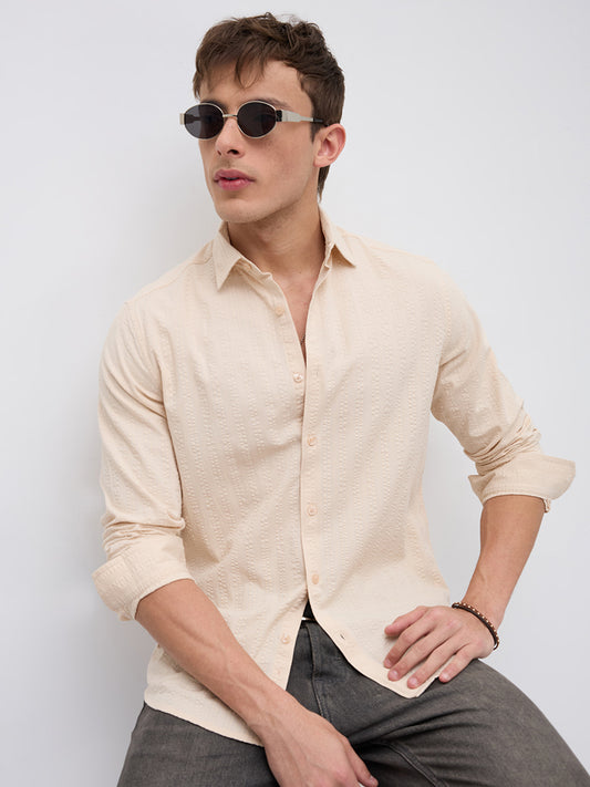 Bisque Beige Seersucker Striped Shirt