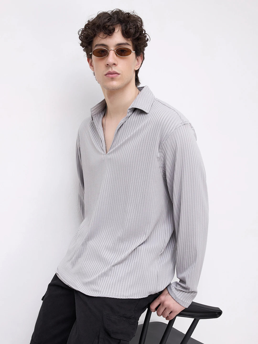 Ash Grey Dual Weave Striped Oversized Polo Knit Shirt