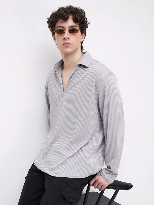 Ash Grey Dual Weave Striped Oversized Polo Knit Shirt