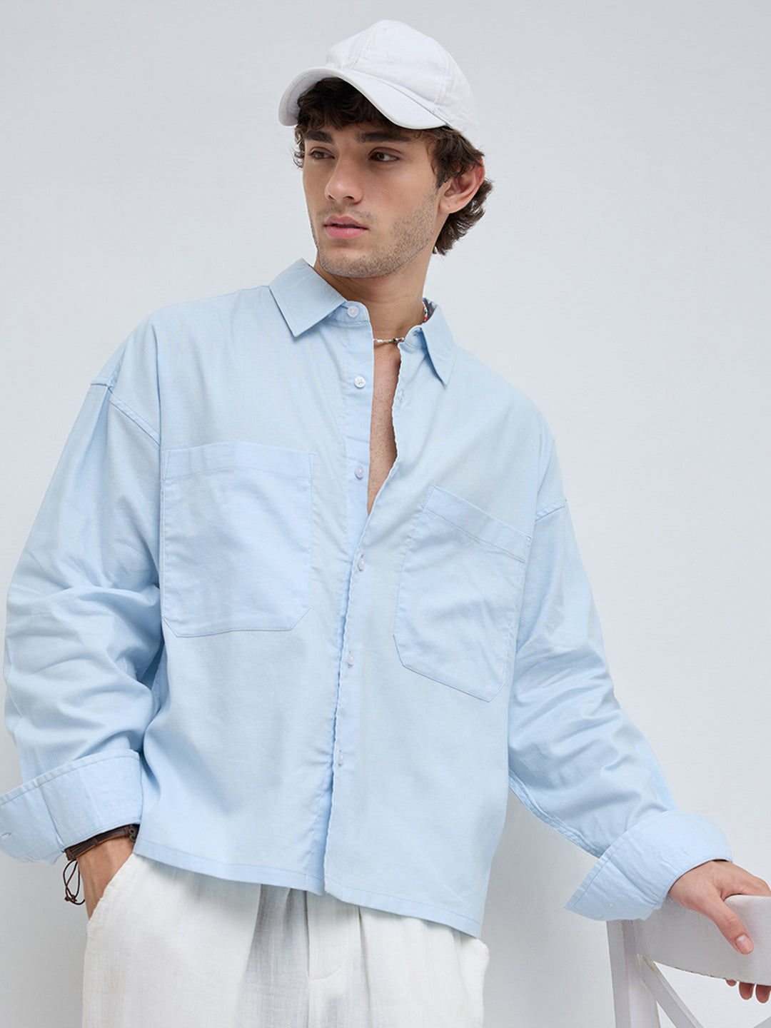 Light Blue Solid Double Pocket Boxy Fit Crop Shirt