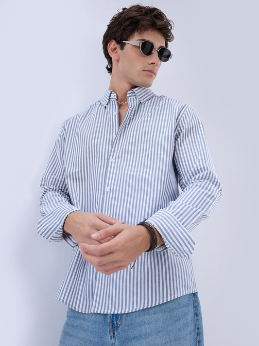 Navy Oxford Vertical Striped Button Down Collar Shirt