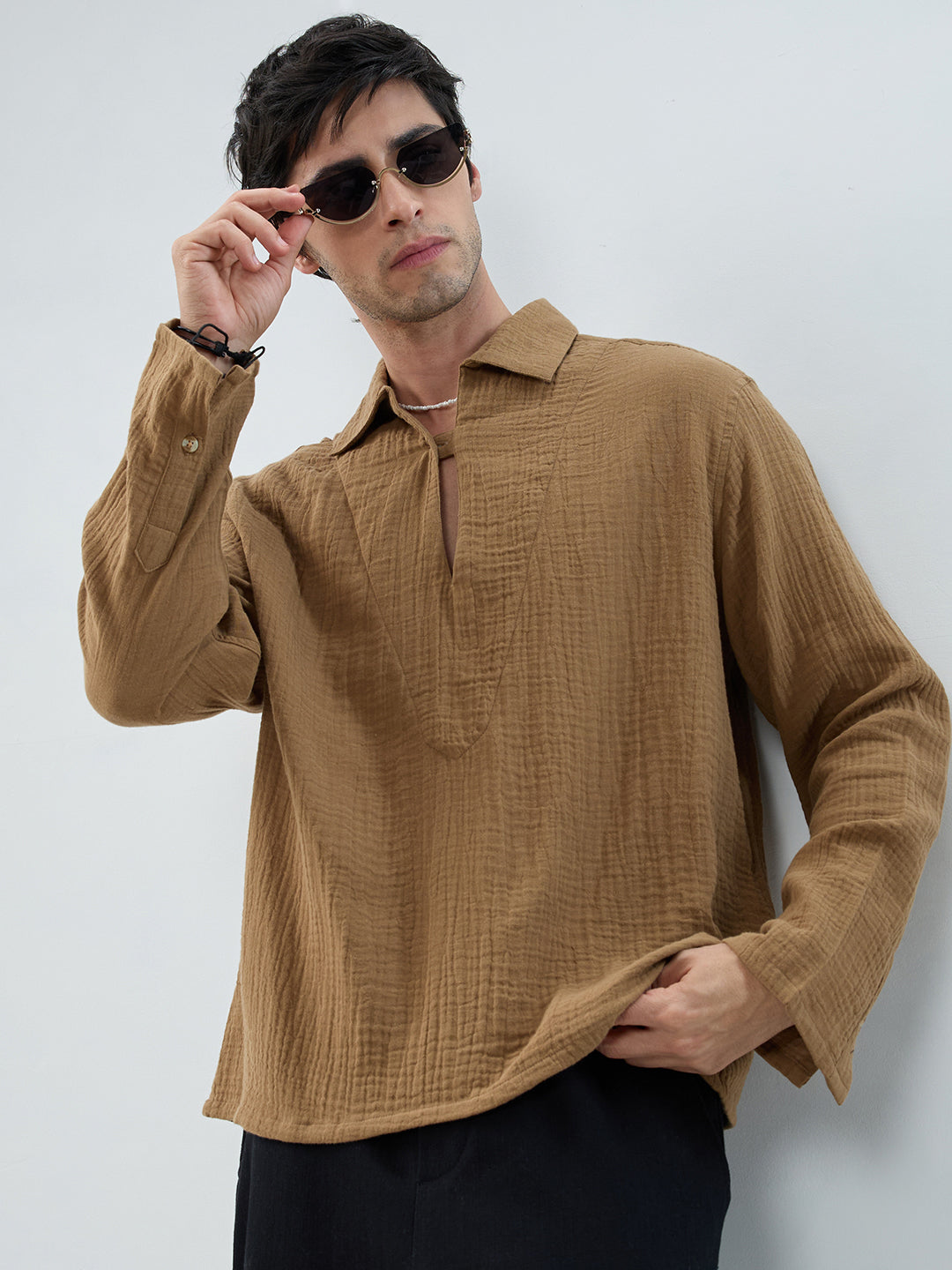 Warm Tan Textured Cuffless Double Cloth Oversized Shirt