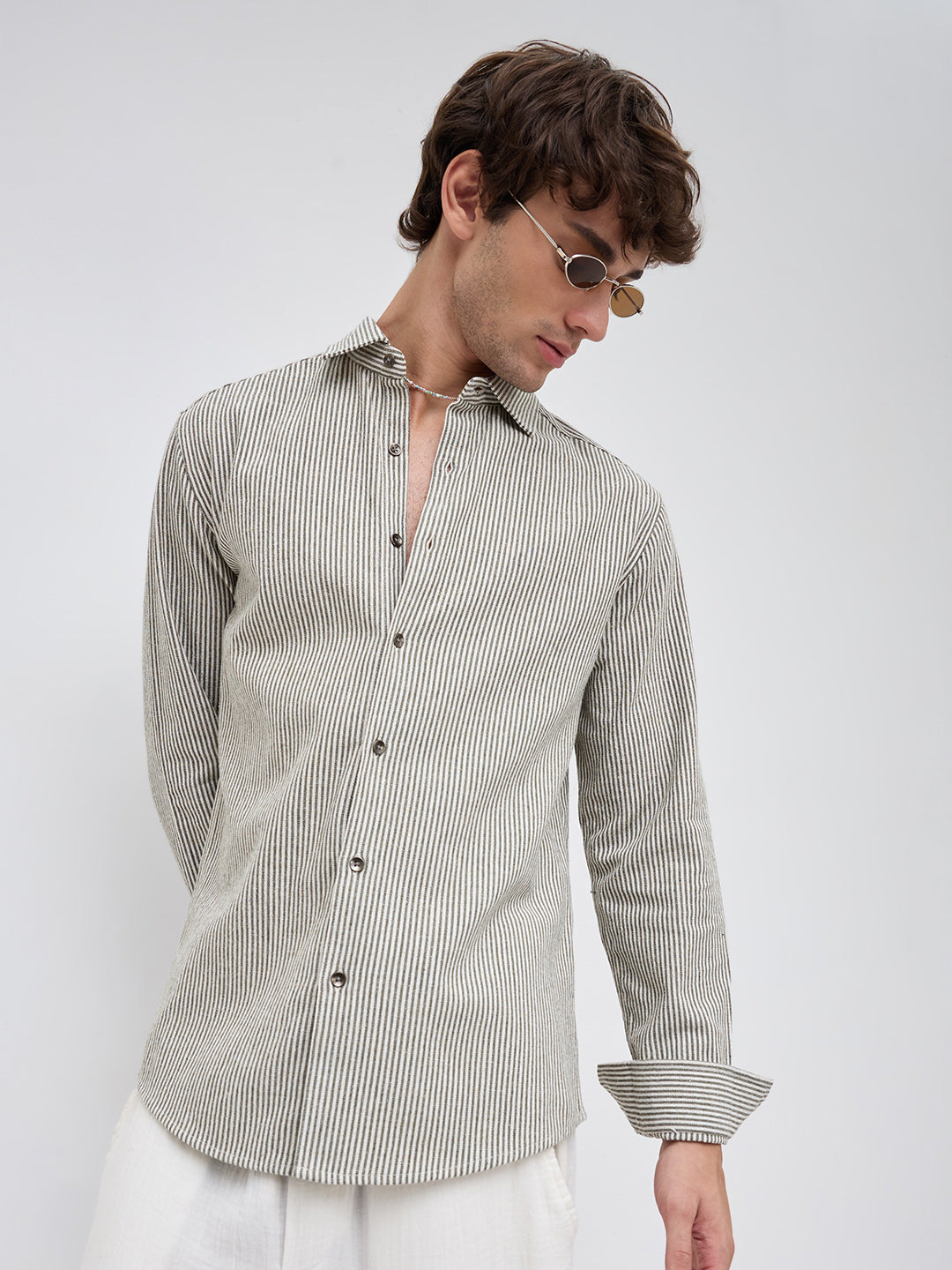 Olive & White Vertical Striped Relaxed Shirt
