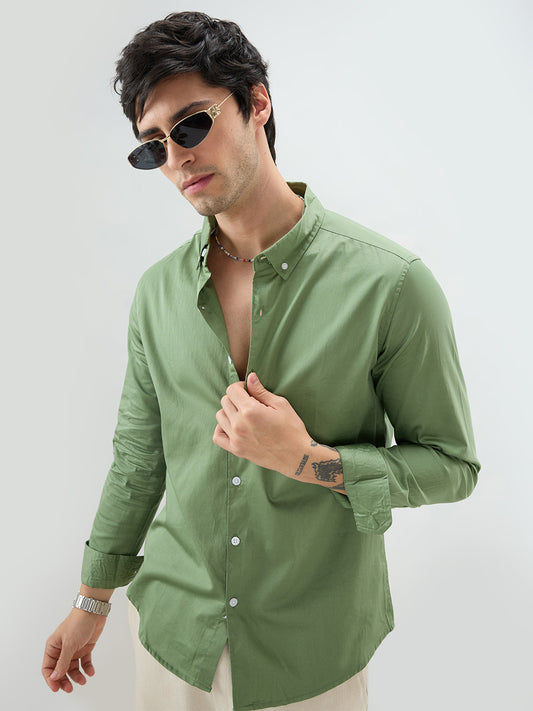 Forest Sheen Luxe Satin Button-down Collar Shirt