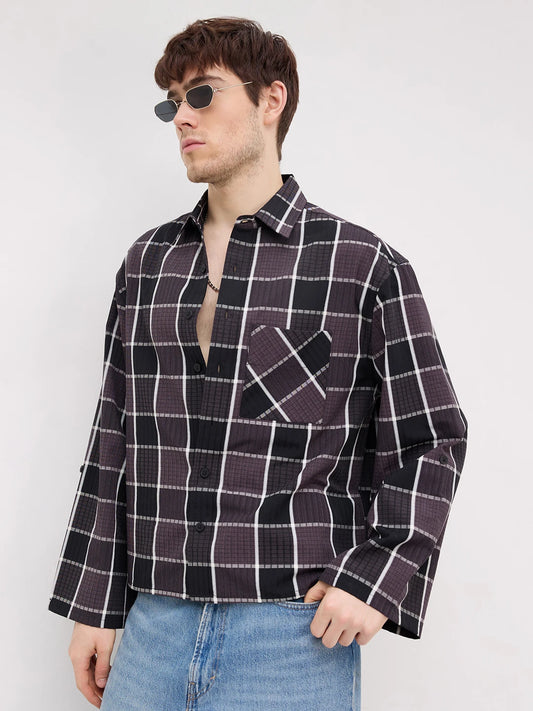 Artisan Esspresso Brown Square Checks Cuffless Oversized Crop Shirt