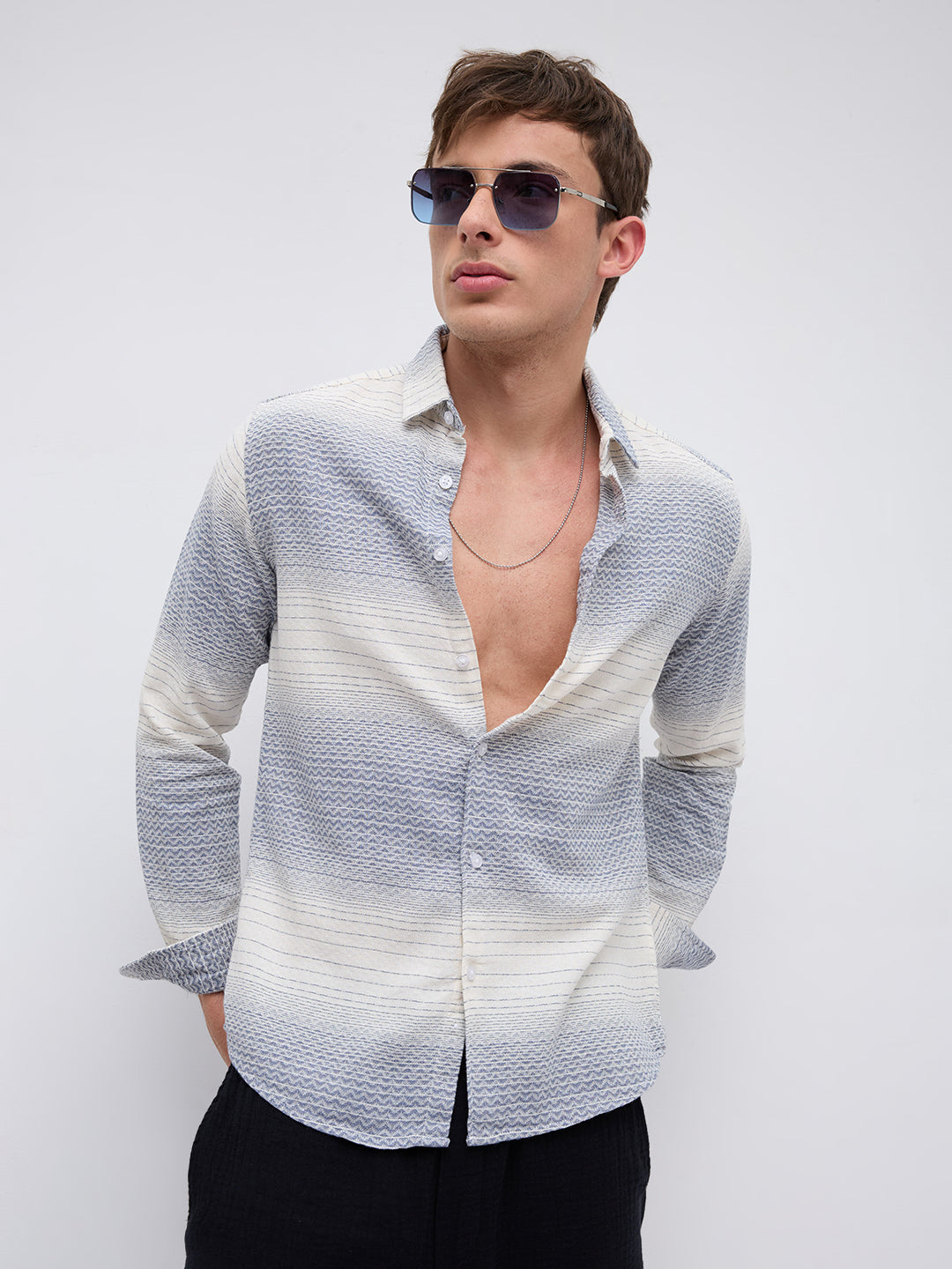 White & Blue Jacquard Wave Pattern Striped Shirt