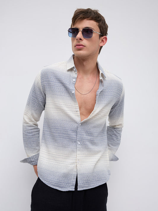 White & Blue Jacquard Wave Pattern Striped Shirt