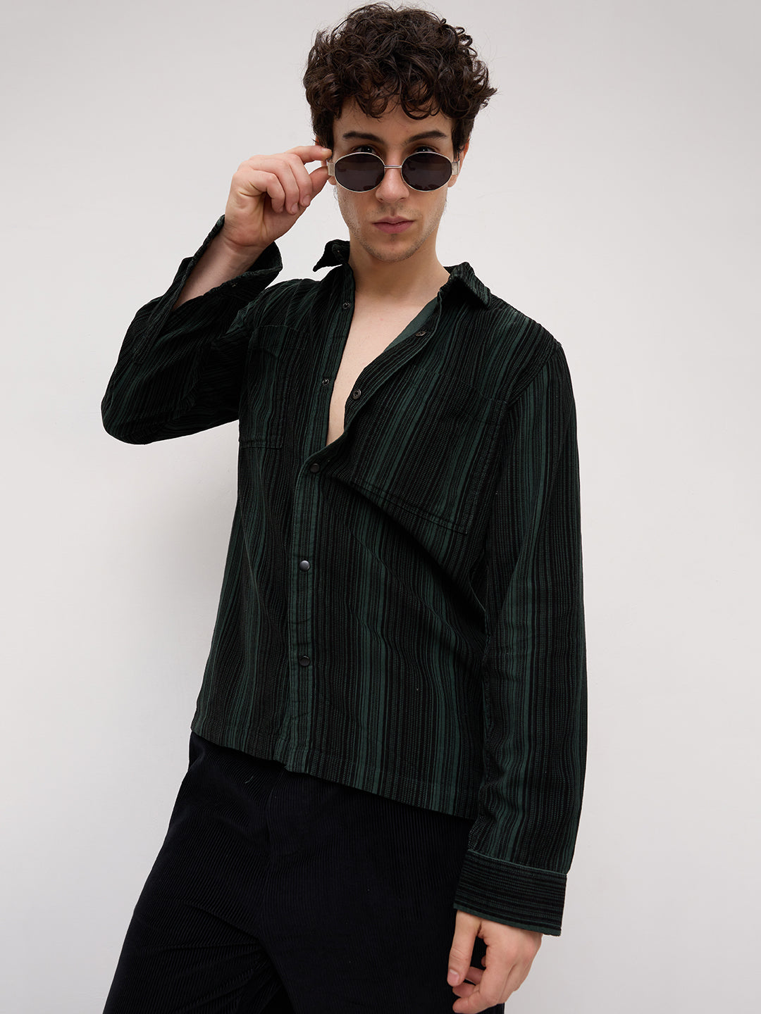 Dark Green Striped Double Pocket Corduroy Shirt