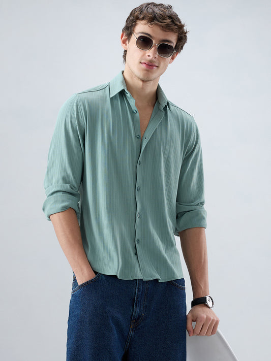 Sea Green Fine Vertical Ribbed Knitted Shirt