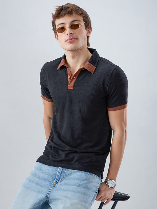 Matte Black Contrast Polo Neck Knit T-shirt