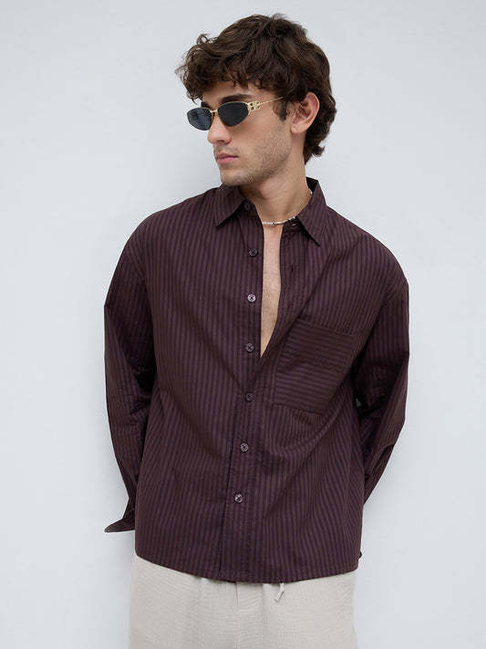 Plush Brunette Brown Subtle Striped Boxy Fit Crop Shirt