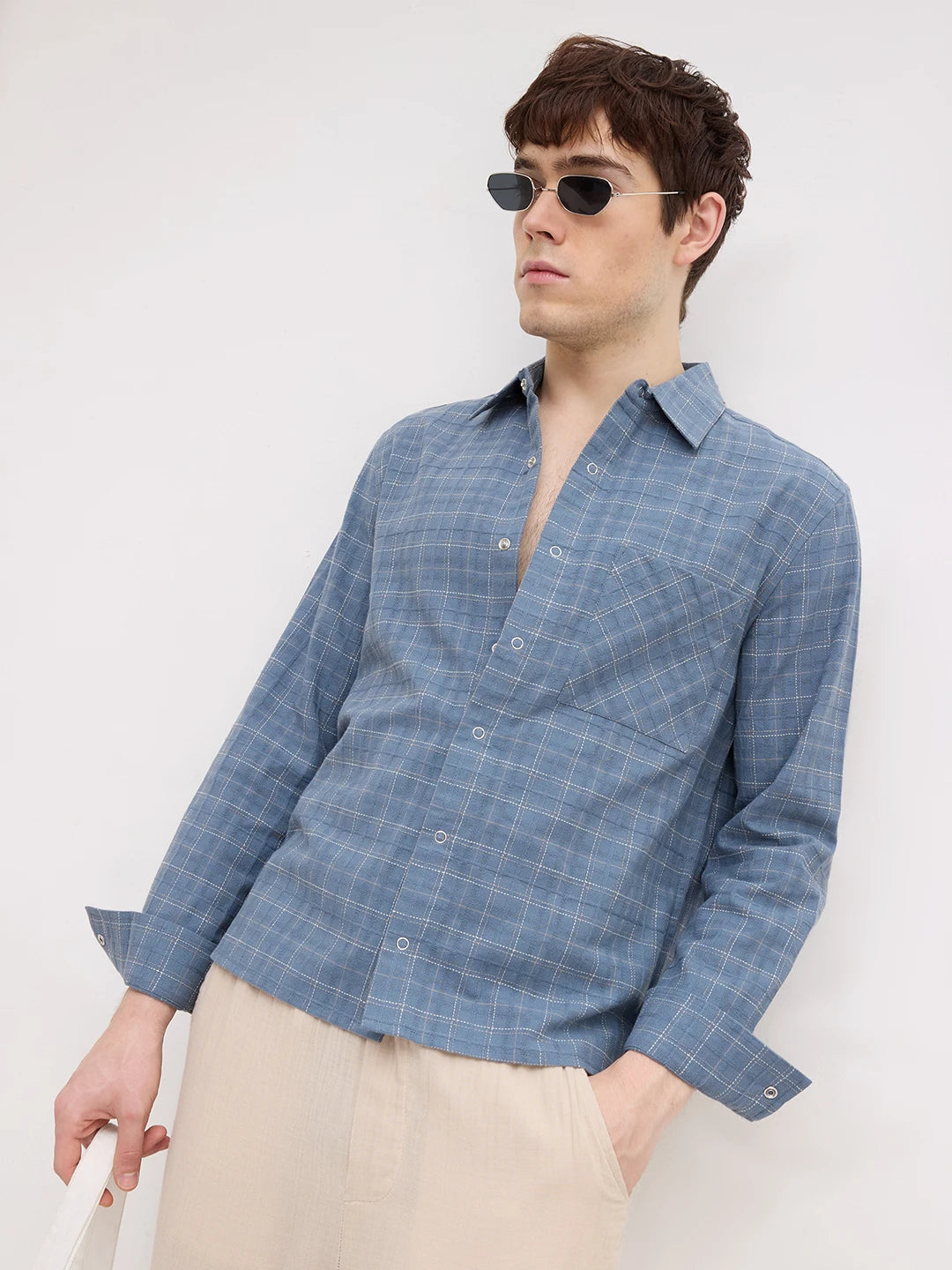 Blue Loomscape Checks Straight Hem Crop Shirt