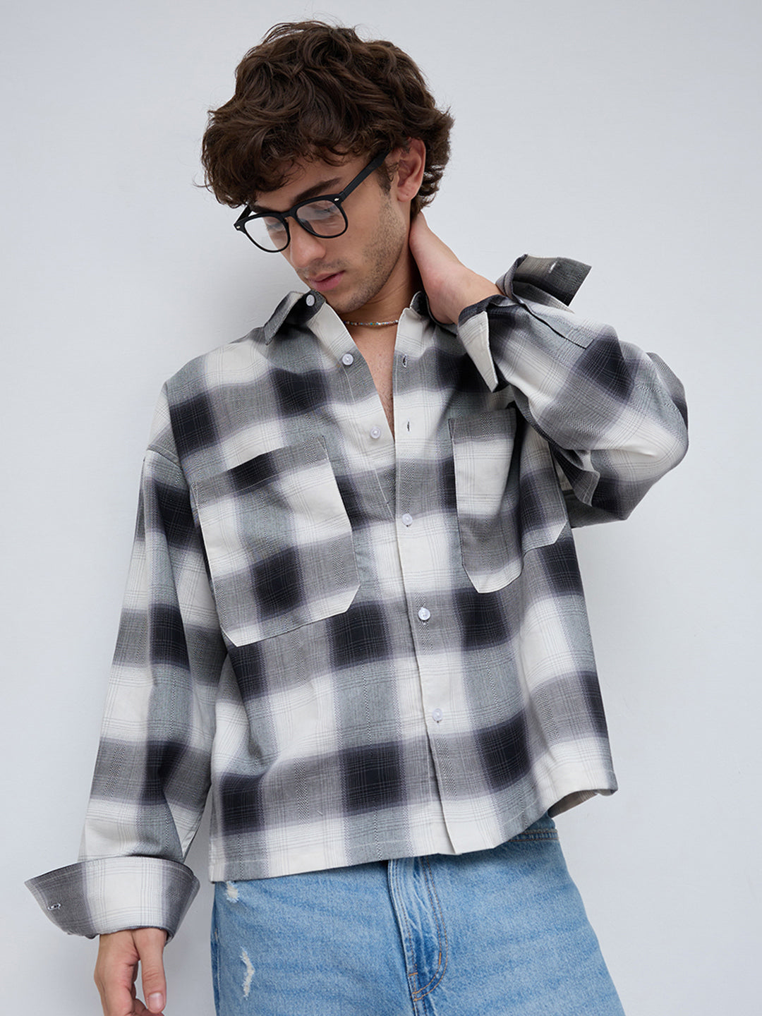 Monochrome Bold Grid Boxy Fit Crop Utility Shirt