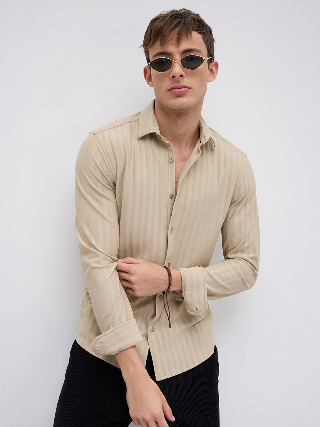 Sandstone Linear Rised Striped Textured Shirt