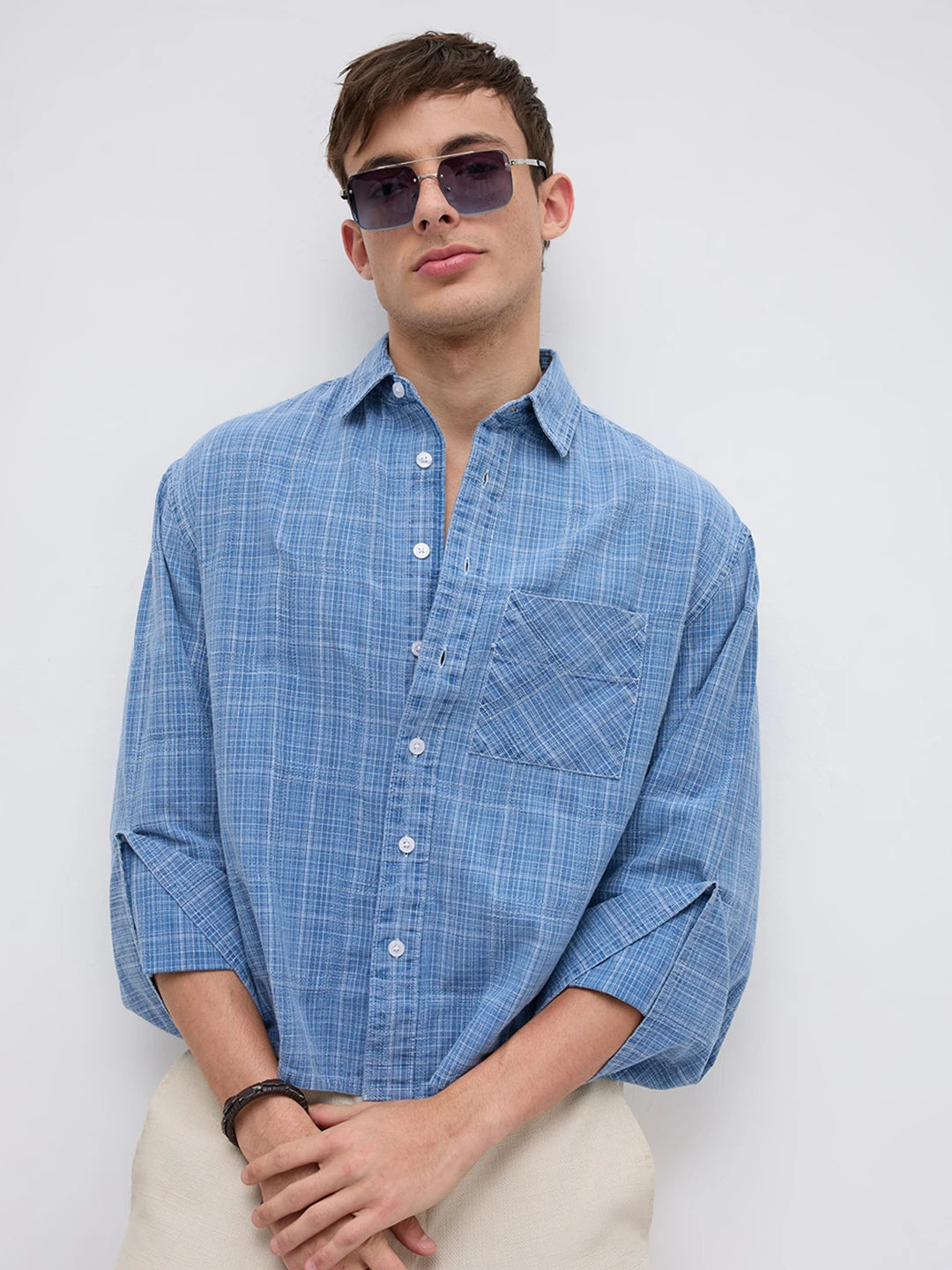 Icy Denim Blue Micro Checks Cuffless Oversized Crop Shirt