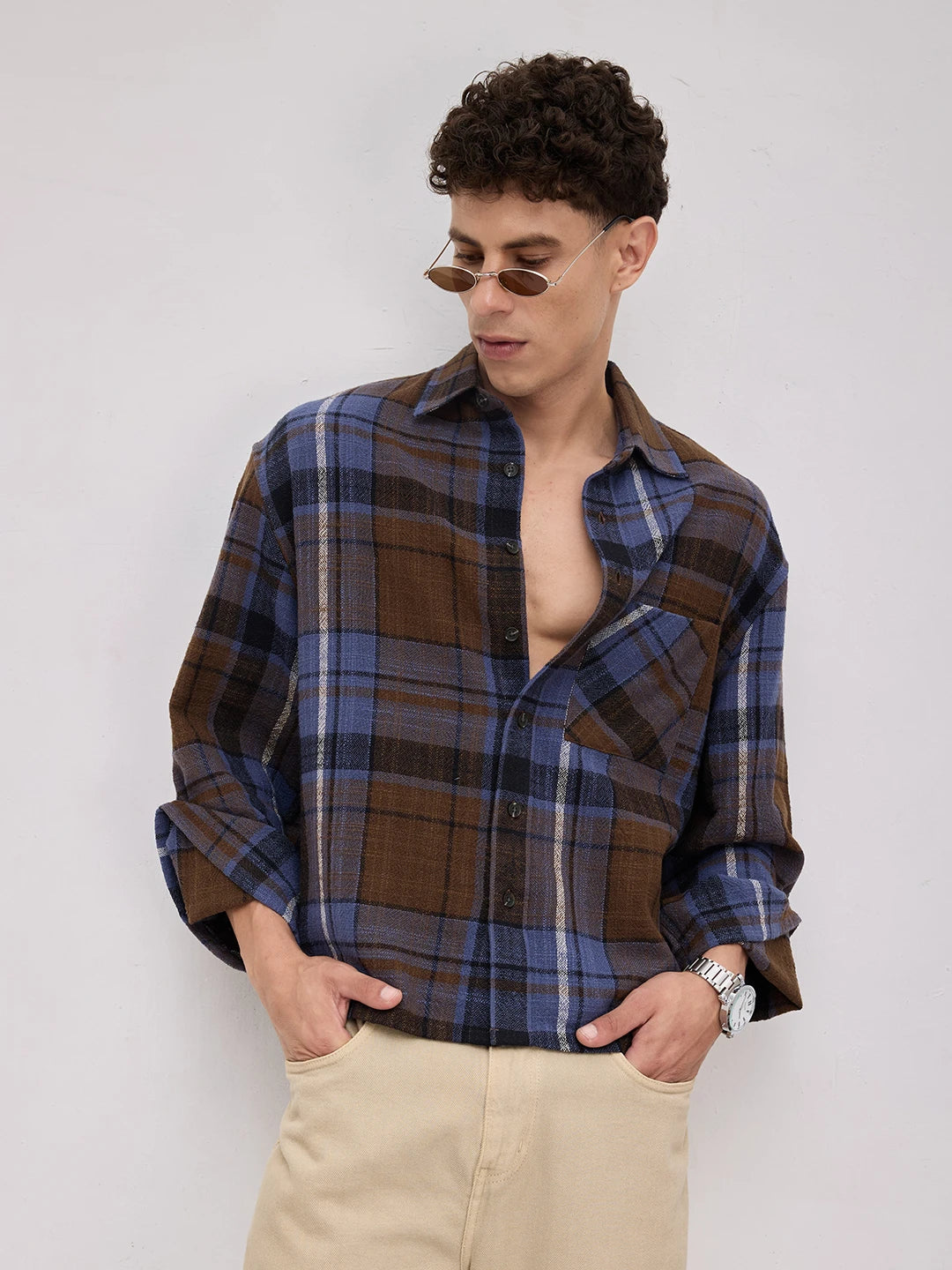 Effortless  Brown & Blue Glen Checks Cuffless Oversized Crop Shirt