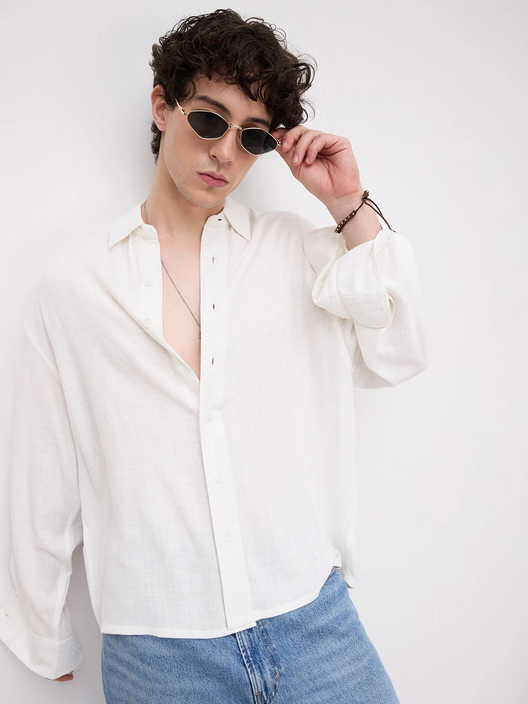 Pearl White Grid Textured Boxy Fit Crop Shirt