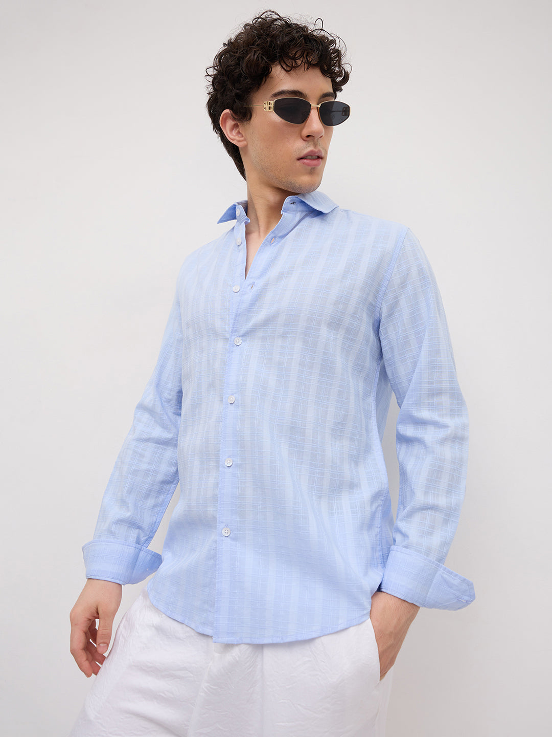 Powder Blue Sheer Windowpane Checks Textured Weave Shirt