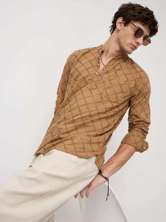 Copper Brown Diamond Embroidery Schiffli Kurta