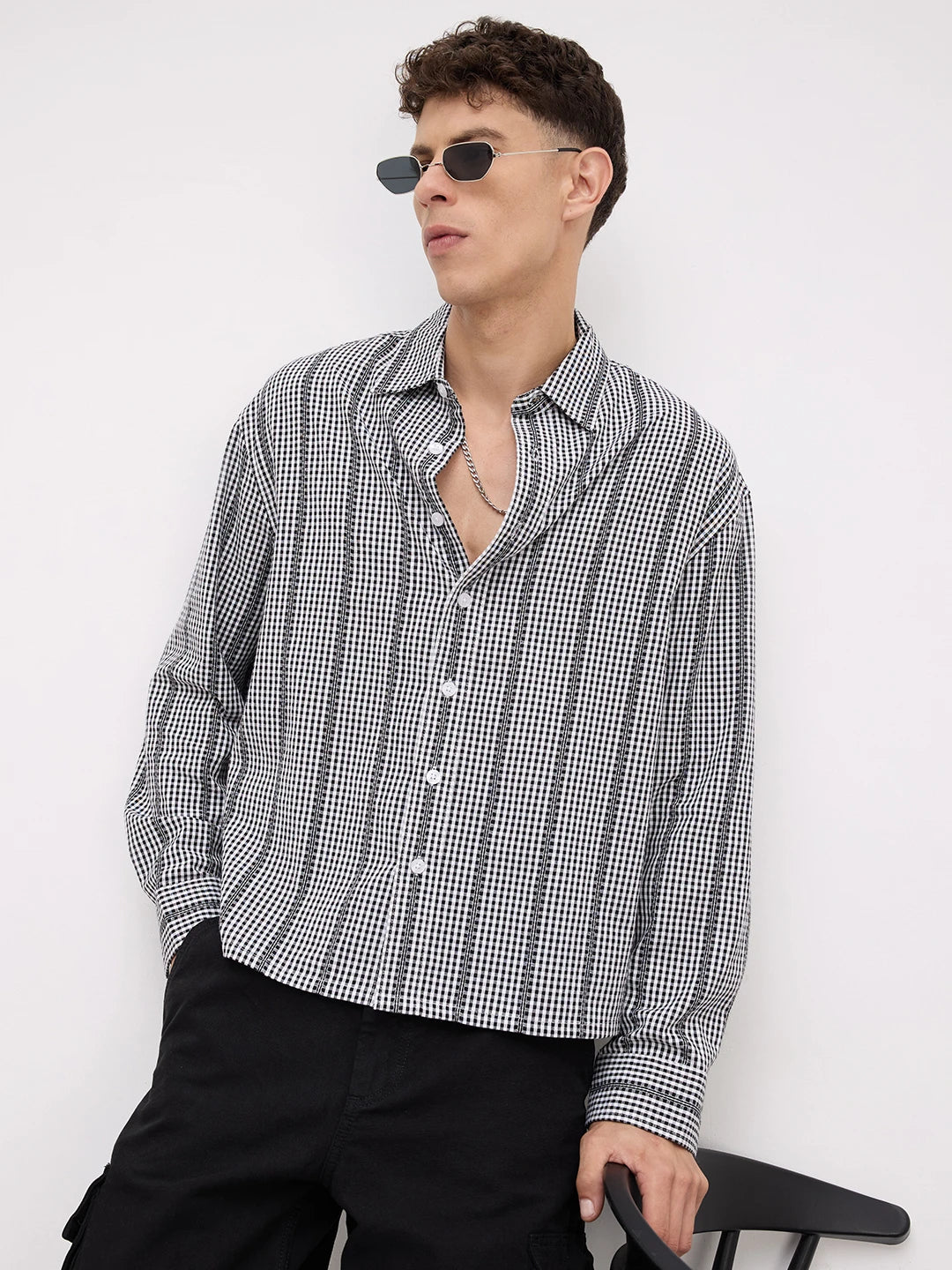 Bold Monochrome Vacation Checks Boxy Fit Crop Shirt