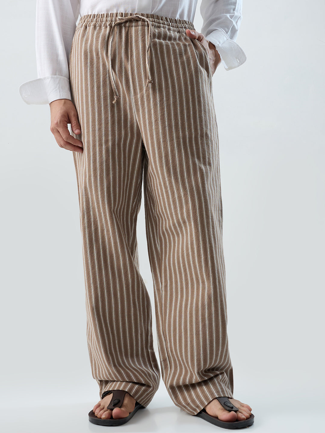 Beachline Brown Vertical Striped Straight-Fit Trousers