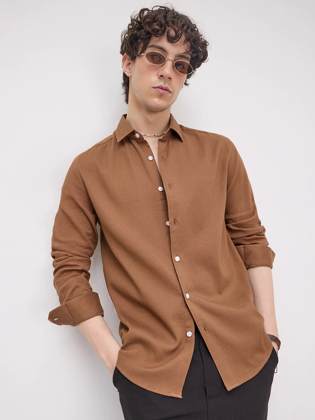 Elevated Russet Brown Honeycomb Weave Shirt