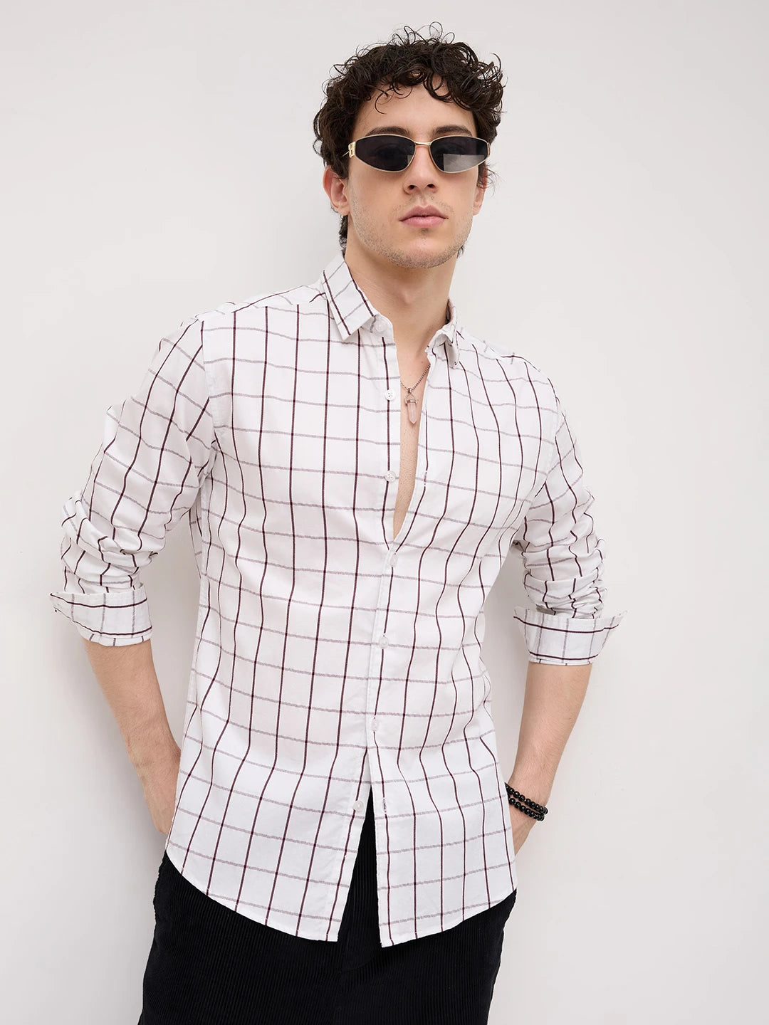 Snow White Geometric Detailed Checks Shirt