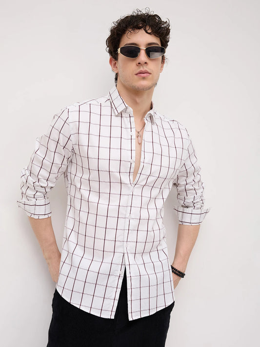 Snow White Geometric Detailed Checks Shirt