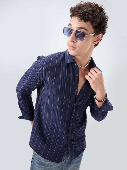 Intricate Navy & Olive Raised Striped Shirt