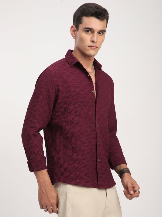 Wine Self Design Textured Shirt