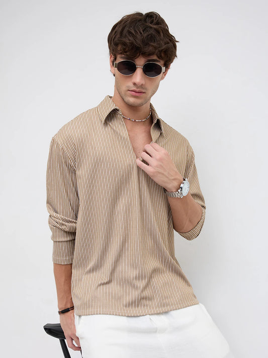 Signature Chocolate Ivory Rib Striped Oversized Polo Shirt
