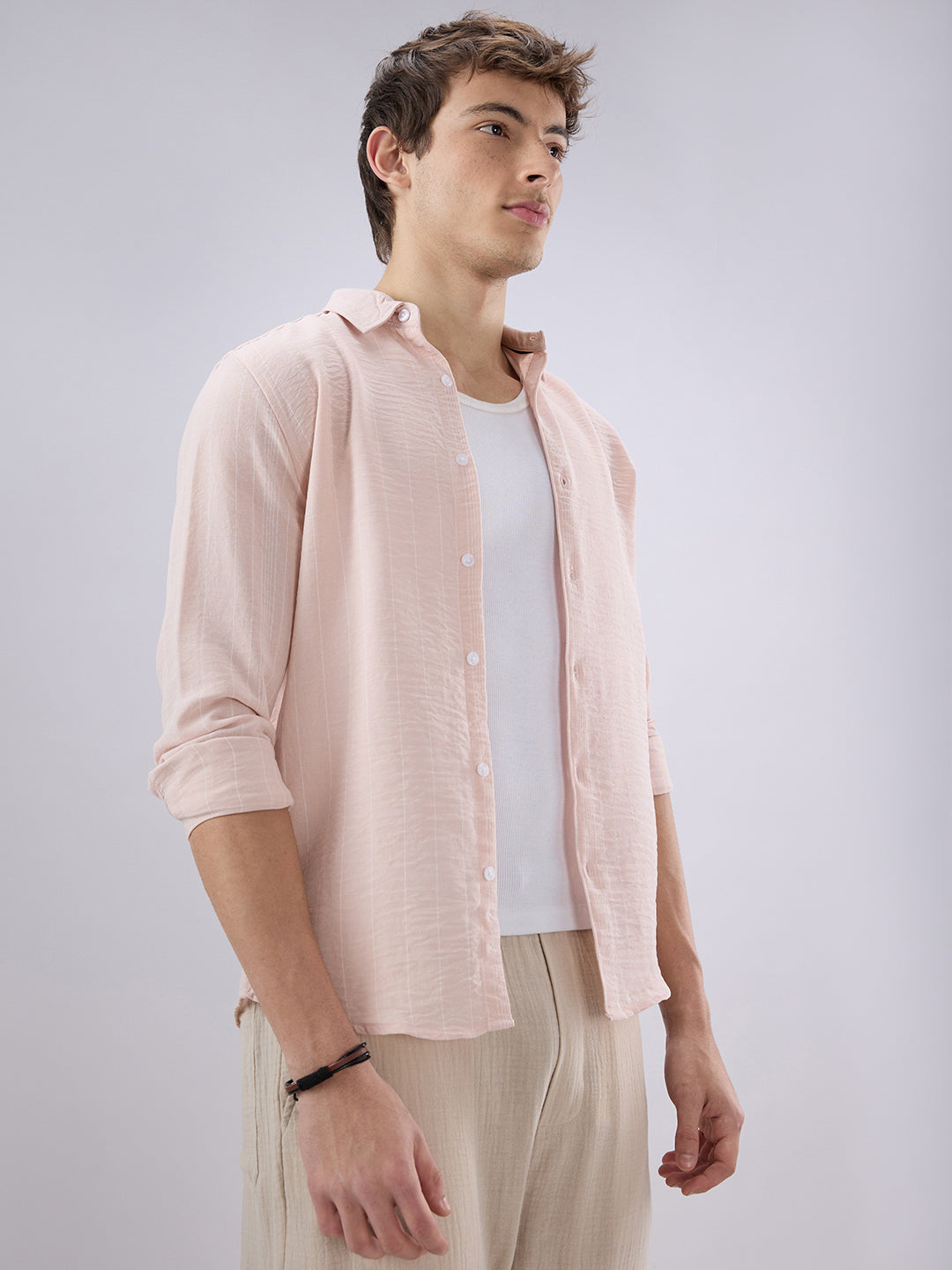 Pale Pink Linear Loom Crinkled Shirt
