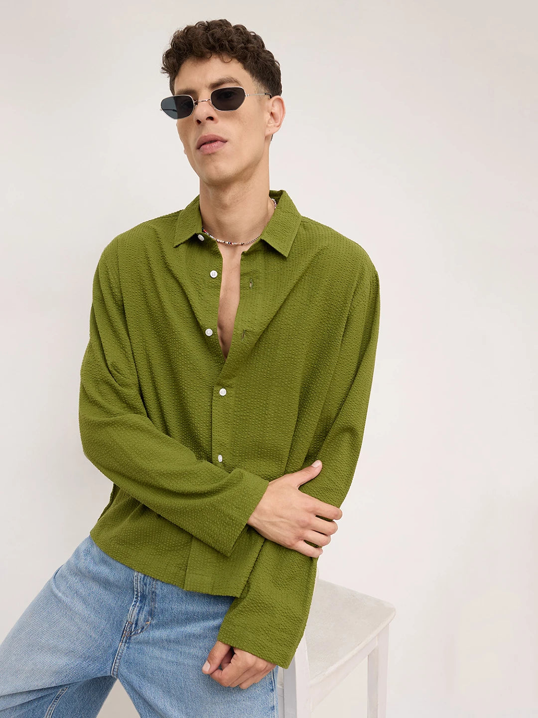 Forest Green Seersucker Cuffless Oversized Shirt