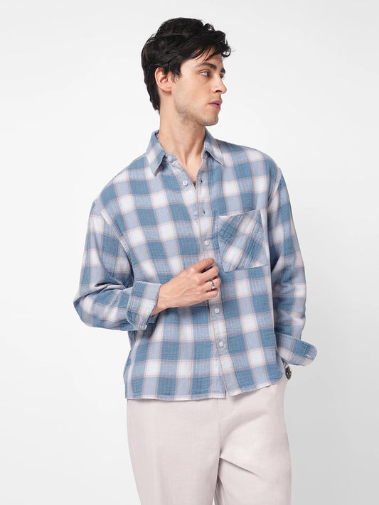 Denim Blue Block Checks Boxy Fit Crop Shirt