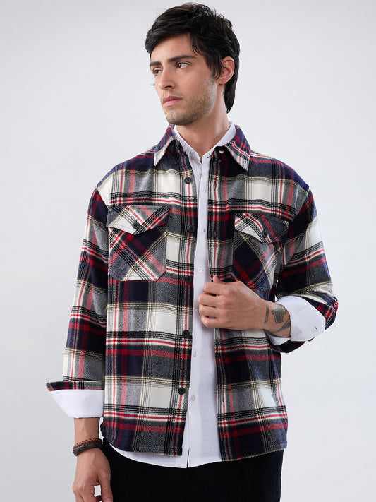 Elevated Crimson Black Winter Checks Double Pocket Flannel Shirt