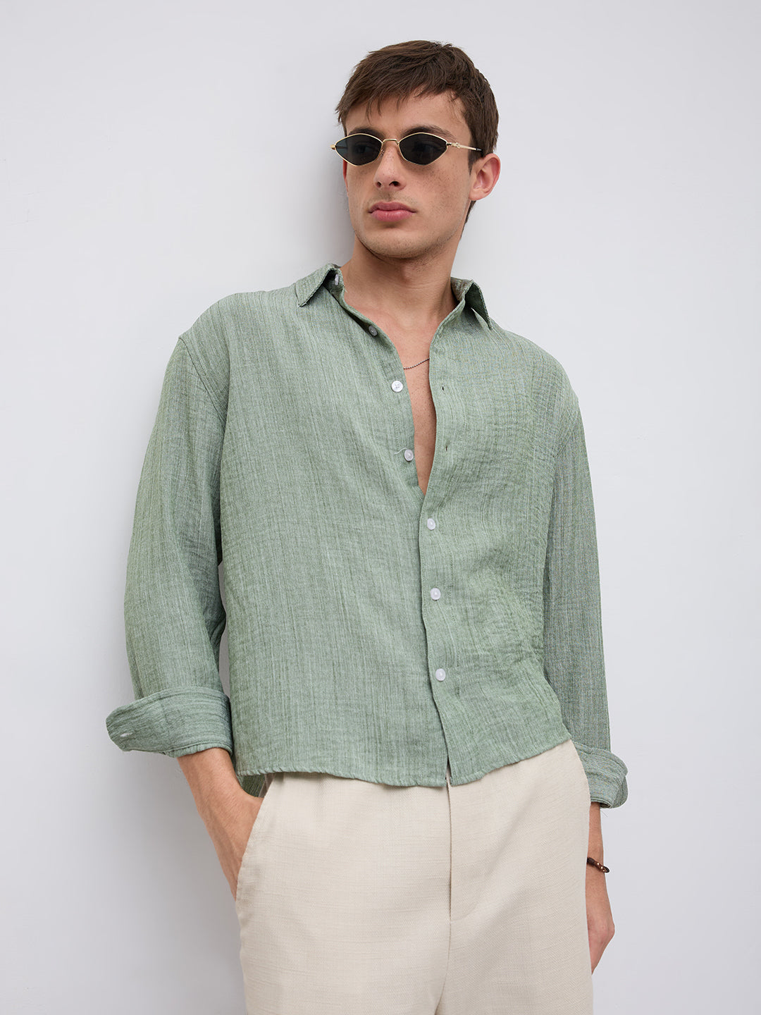 Mint Green Textured Boxy Fit Crop Shirt