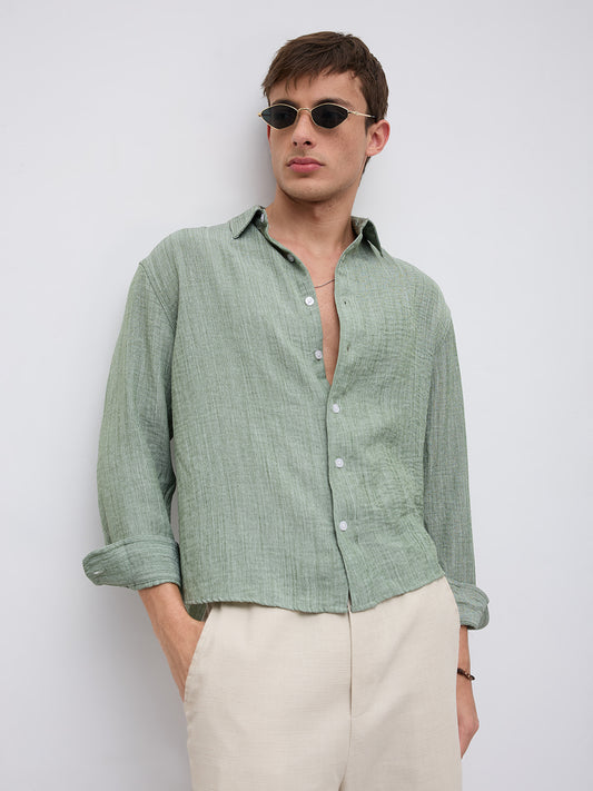 Mint Green Textured Boxy Fit Crop Shirt