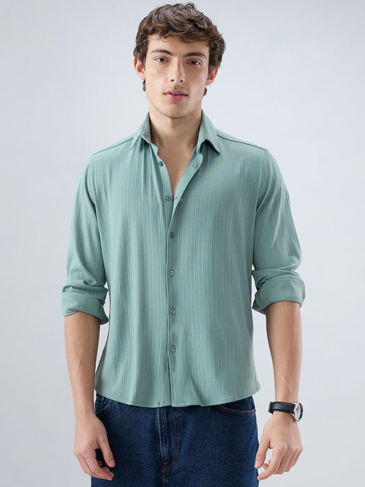 Sea Green Fine Vertical Ribbed Knitted Shirt