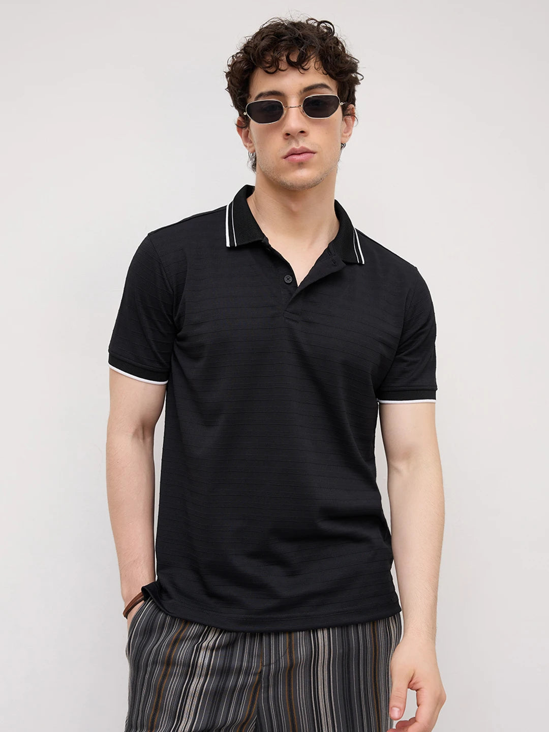 Signature Black Horizontal Stripe Contrast  Polo Knit T-Shirt