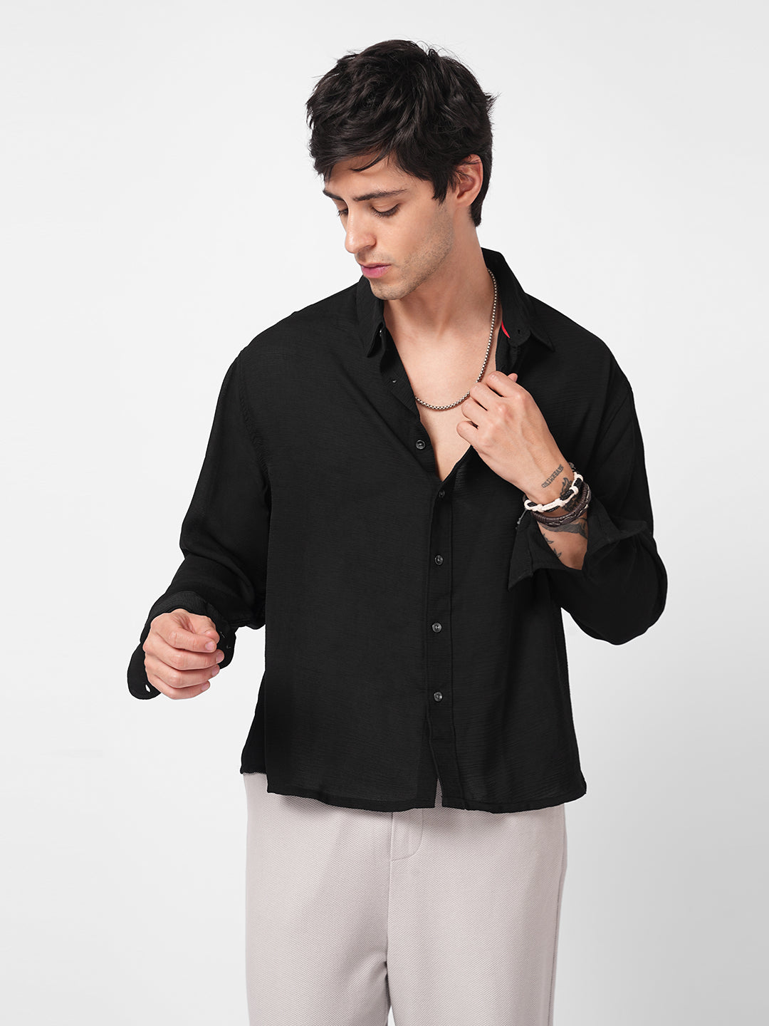 Black Mini Checks Oversized Crinkled Crop Shirt