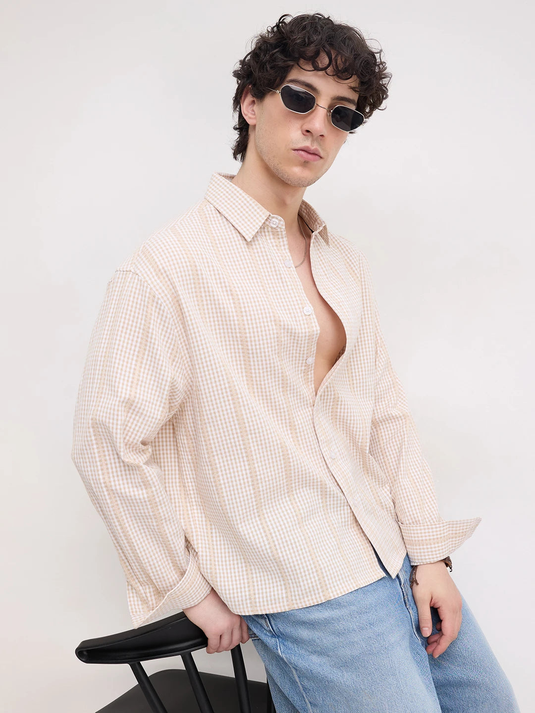 Sand Beige Vacation Checks Boxy Fit Crop Shirt