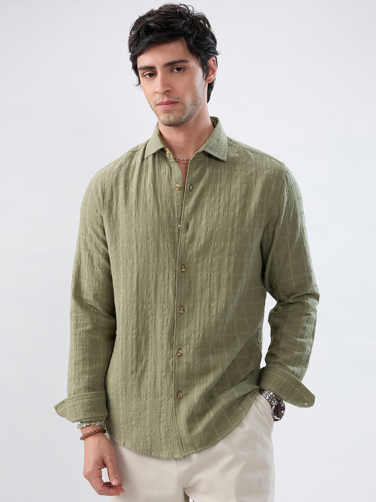 Premium Olive Grid Emboss Double Cloth Textured Shirt