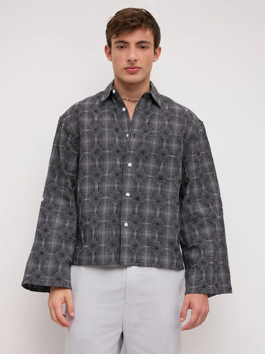 Monochrome Glitch Micro Check Matrix Cuffless Oversized Crop Shirt