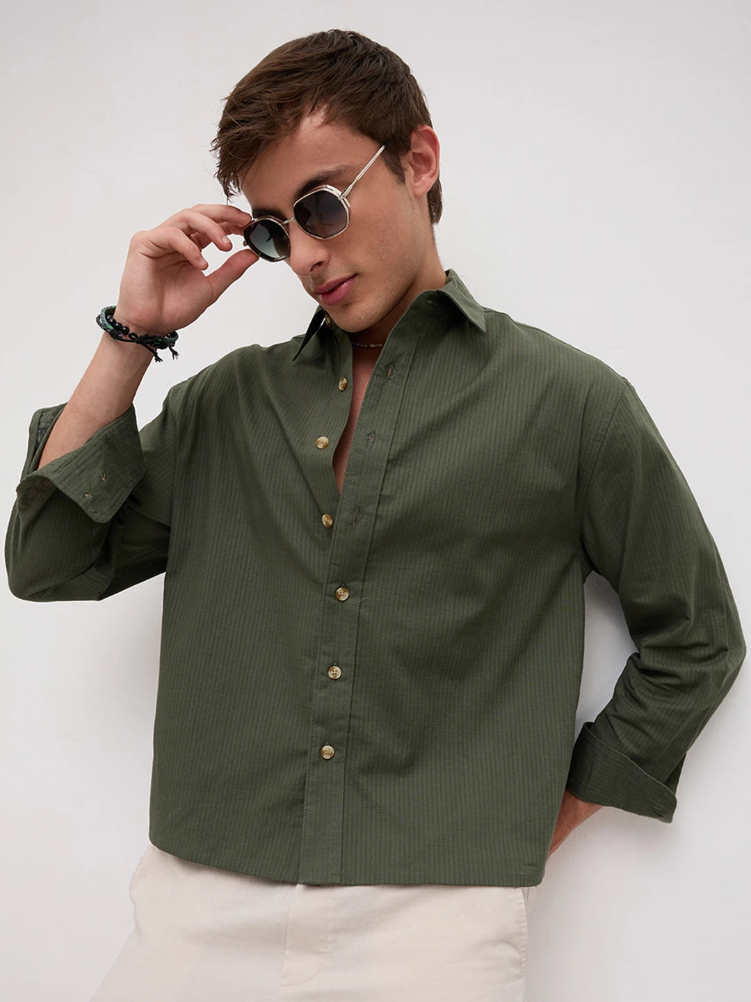Forest Green Sheer Slub Striped Boxy Fit Crop Shirt